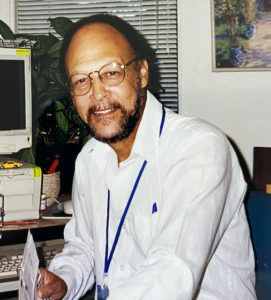 Elven "Bo" Barrow at his desk while working at Marin General Hospital.